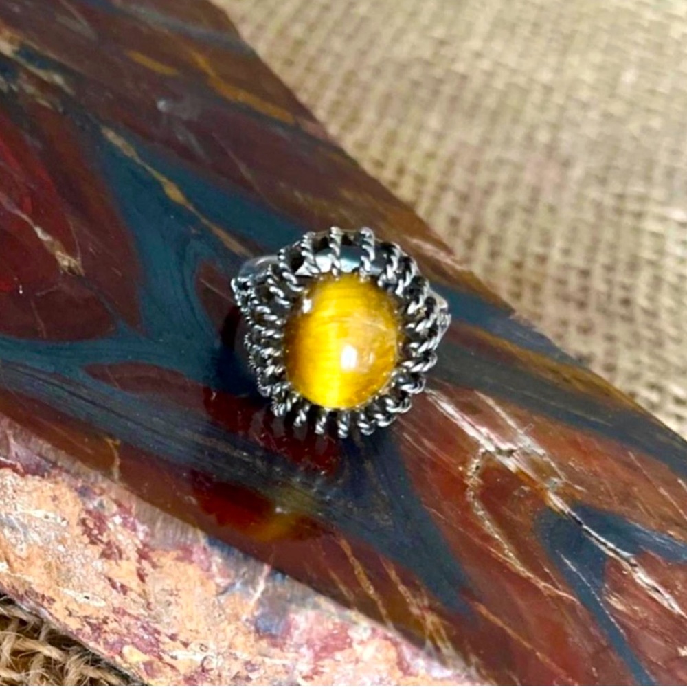 Vintage 925 Sterling Silver Tiger Eye Ring ESCO Rare Unique size 7 Flashy Boho